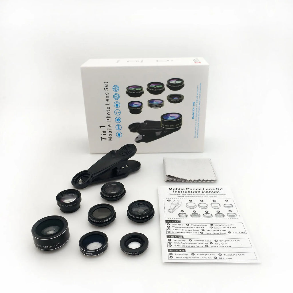 7-in-1 mobile phone camera lens kit with fisheye, wide angle, macro, 2X telephoto, CPL, star and kaleidoscope lenses plus universal clip