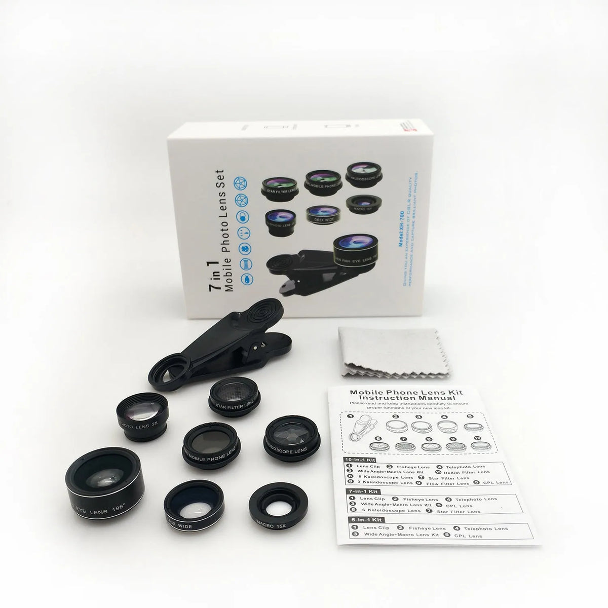 7-in-1 mobile phone camera lens kit with fisheye, wide angle, macro, 2X telephoto, CPL, star and kaleidoscope lenses plus universal clip