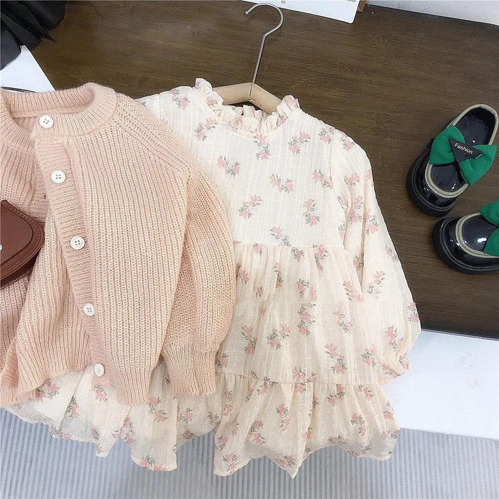 Girls' pink mohair puff sleeve knitted cardigan with orange flower chiffon dress set on white background