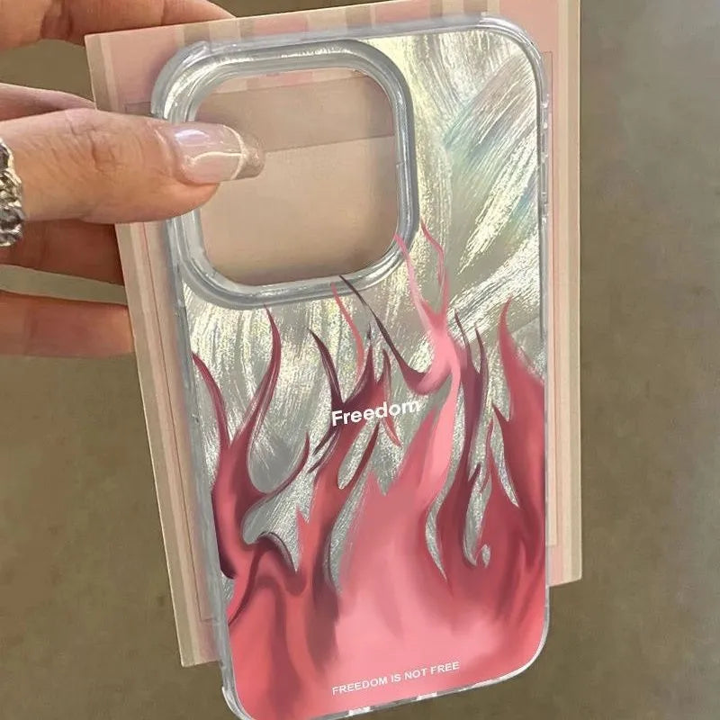 Colourful flame pattern silicone phone case for Apple iPhone, showing blue and red design variations.