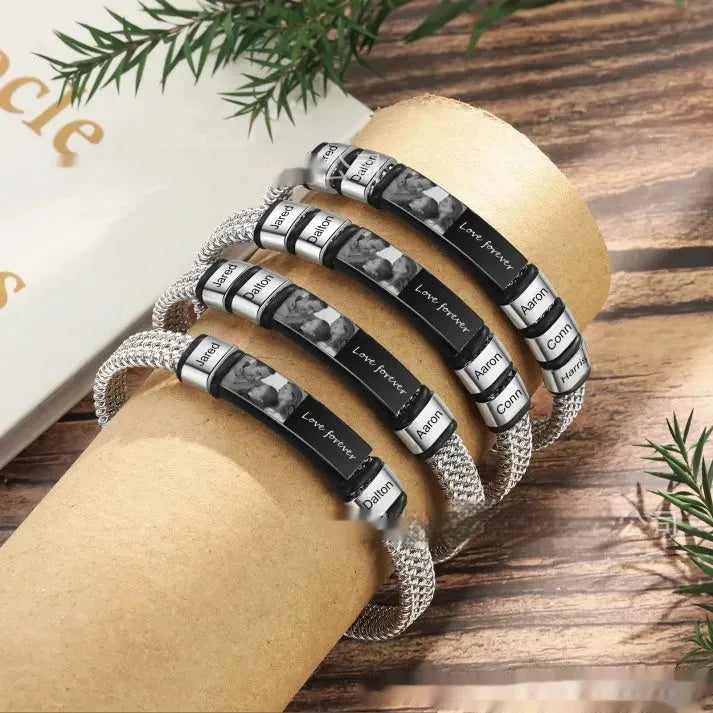 Men's stainless steel and leather rope lettering bracelet with heart-shaped beads and electroplated finish
