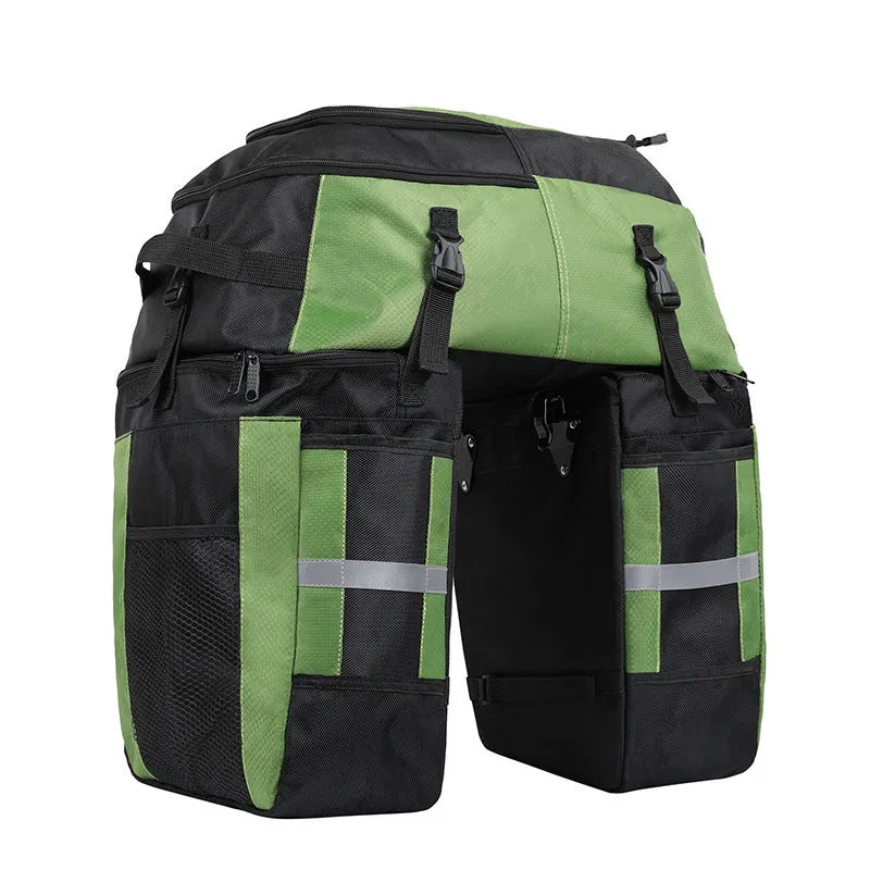 Rhinoceros 70-litre green bicycle rear storage bag mounted on a bike rack for touring.