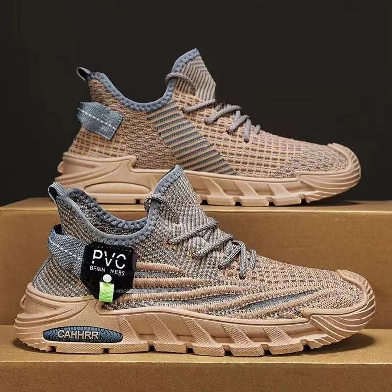 Men's breathable flyknit sneakers in black, gray, and coffee colours with round toe and flat heel