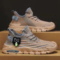 Men's breathable flyknit sneakers in black, gray, and coffee colours with round toe and flat heel
