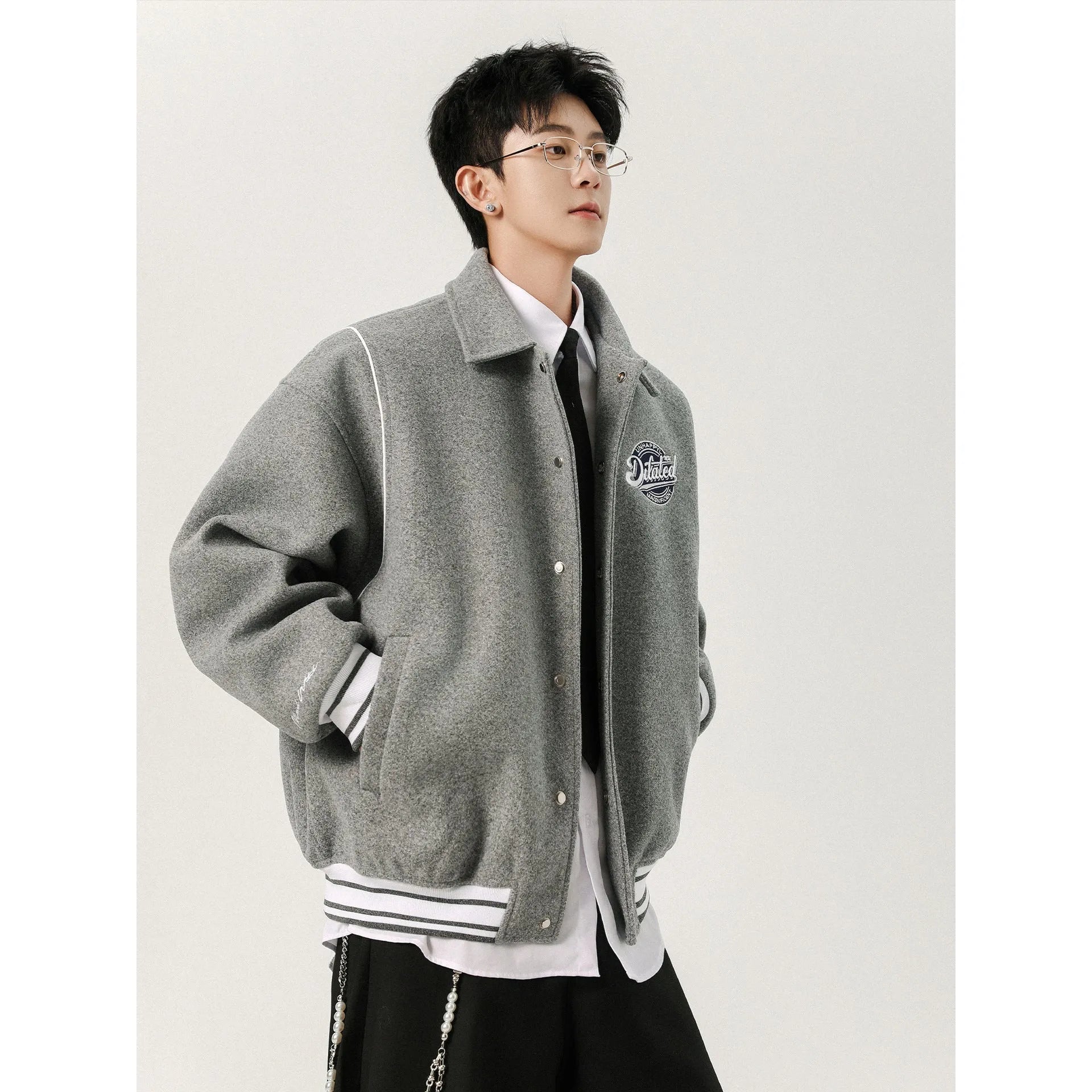Men's casual patchwork vintage jacket loose fit striped Flower Gray with stick pocket