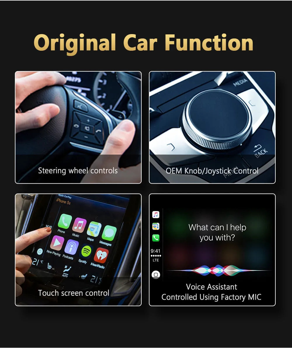 Black CarPlay Box unit for upgrading car system to Android 11 with 9-inch touch screen