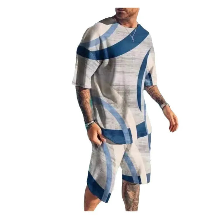 Men's short-sleeved sports and leisure two-piece suit in polyester blend, sizes S-6XL