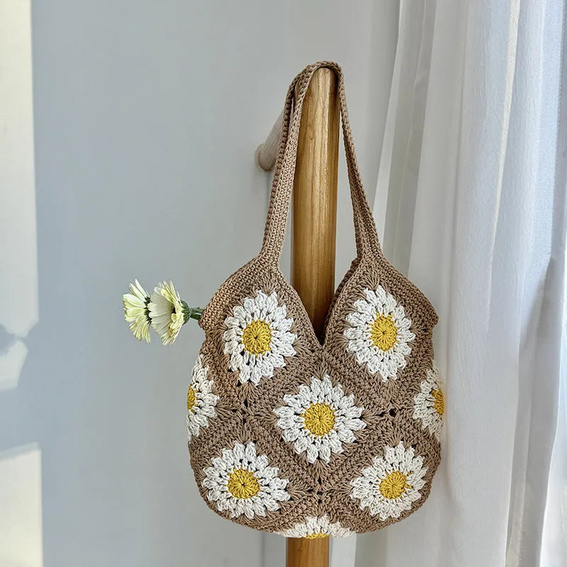 Cotton and linen woven women's shoulder bag bucket bag 29cm height 28cm width brown colour