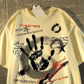 Graffiti letter print short-sleeve cotton T-shirt in black, white, egg yolk, or wine red, loose fit, sizes S to 5XL