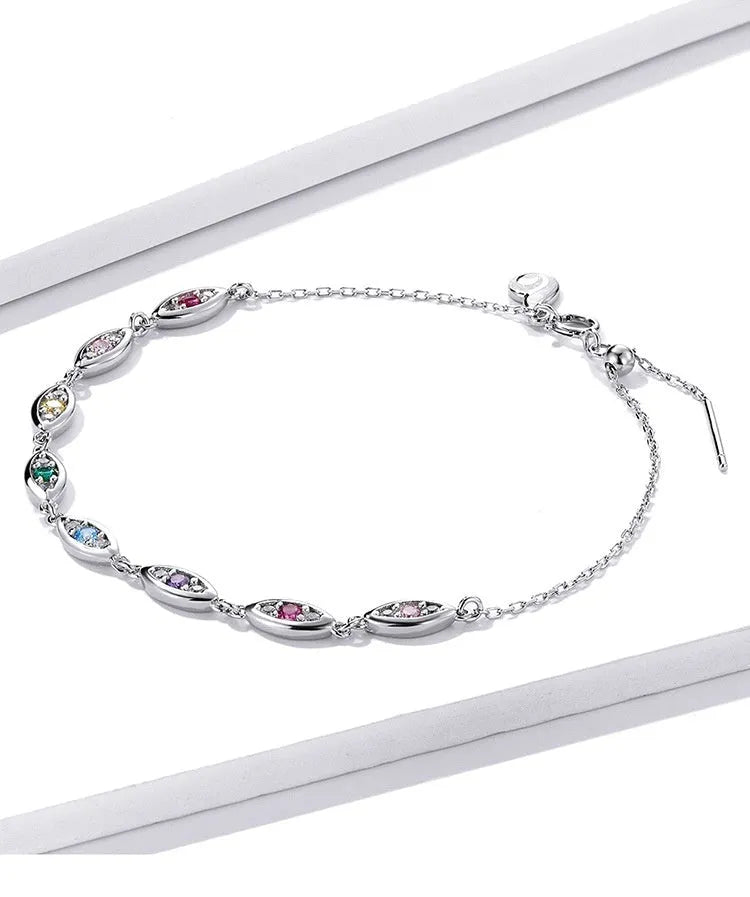 Platinum colourful devil's eye bracelet for women, silver electroplated finish, cold wind style, clasp closure