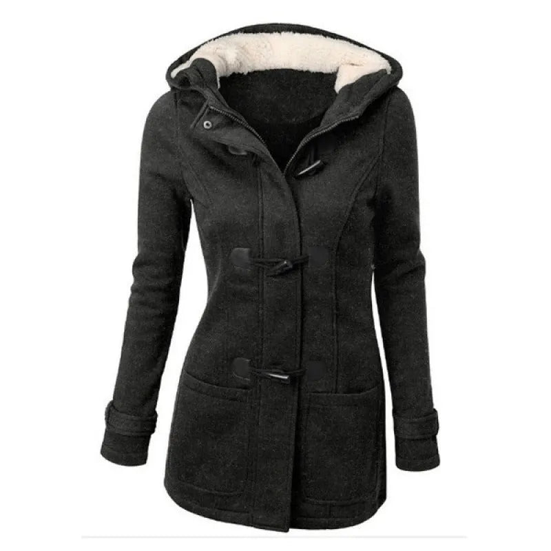 Women's hooded jacket in solid colour, slim fit polyester coat with zip front, available in multiple colours and sizes up to 6XL