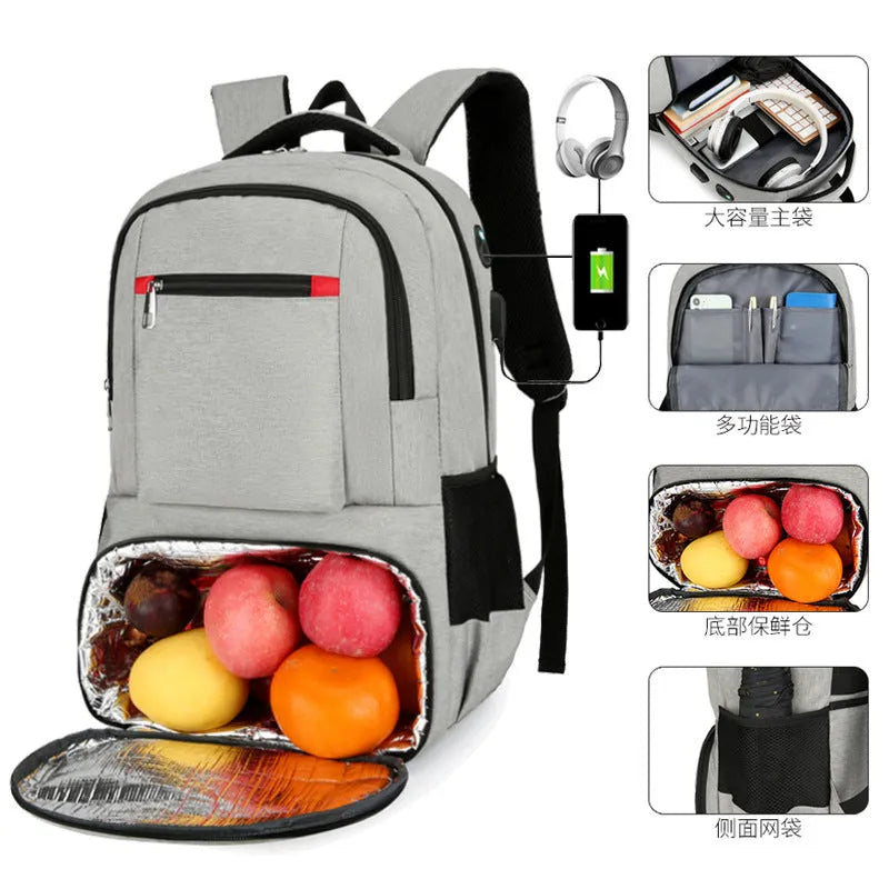 Light grey insulated Oxford cloth backpack with curved shoulder straps and dry wet separation compartments