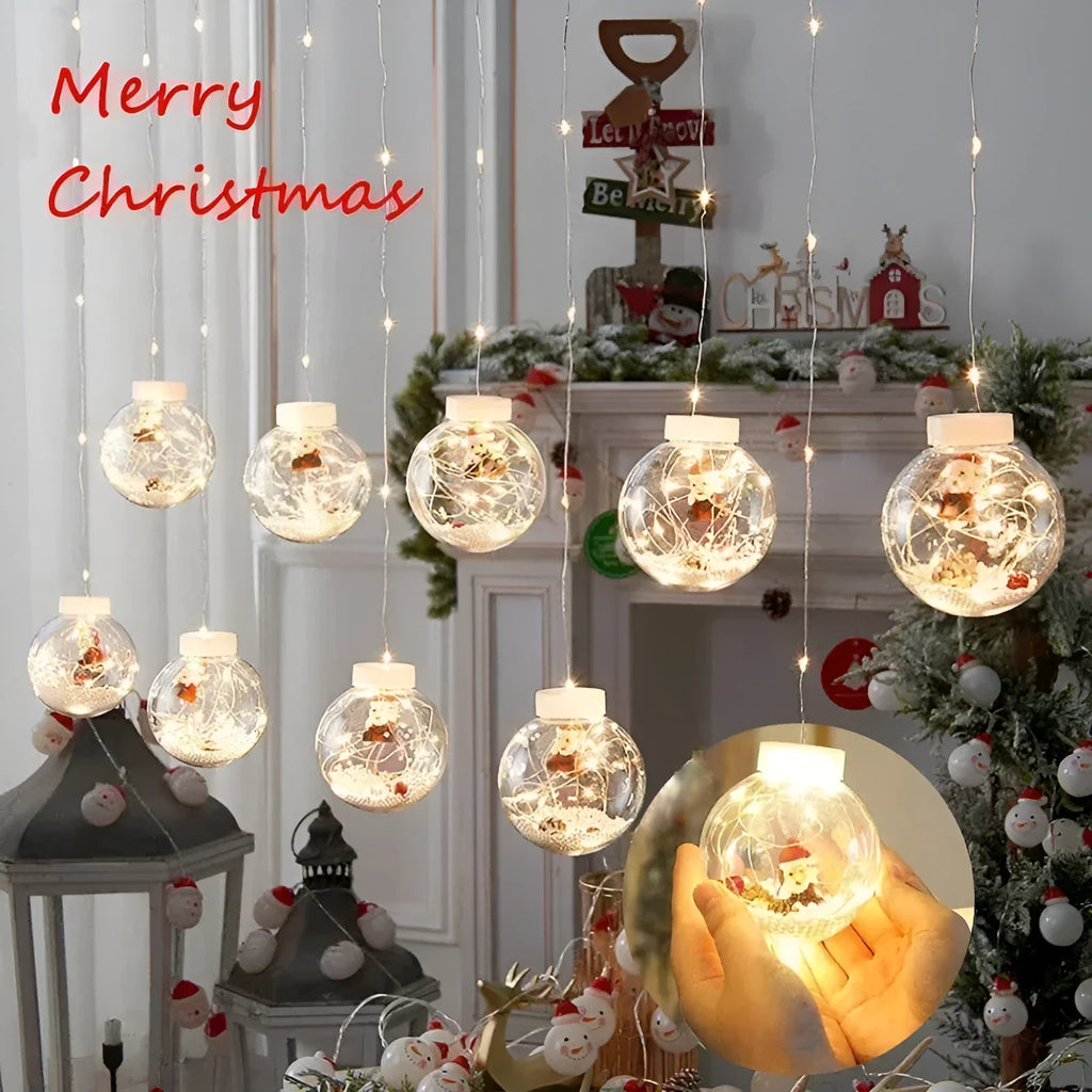 LED Christmas curtain lamp string with 10 fairy snowman and wishing ball decorative ornaments for window display