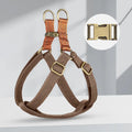 Brown vest-style anti-loss dog harness and lead fastened on a small dog.