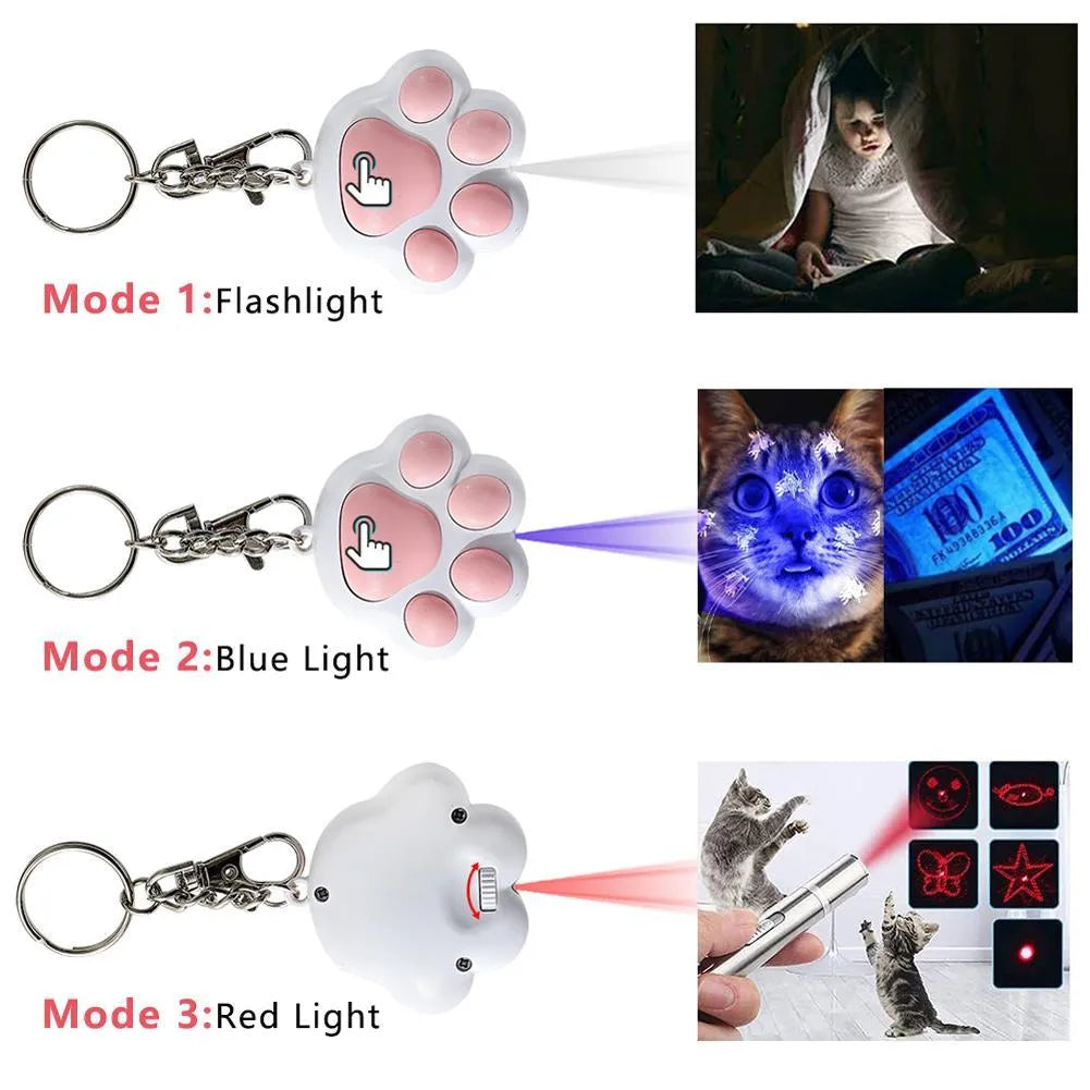Pink and black USB rechargeable infrared cat teaser toy with keychain measuring 5x2.5cm