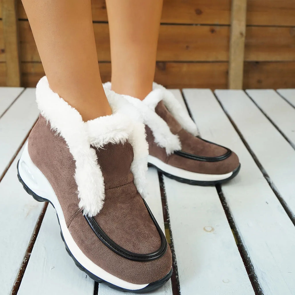 Women's winter snow boots with cotton upper, air-cushion rubber sole, and round toe in leopard print