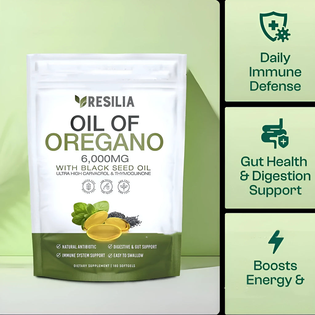 Bottle of black seed oil and olive oil capsules with 60 or 180 count options on a white background