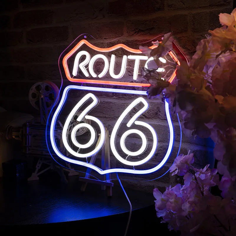 66 Highway neon LED creative glow sign in warm white with Alec shell shape