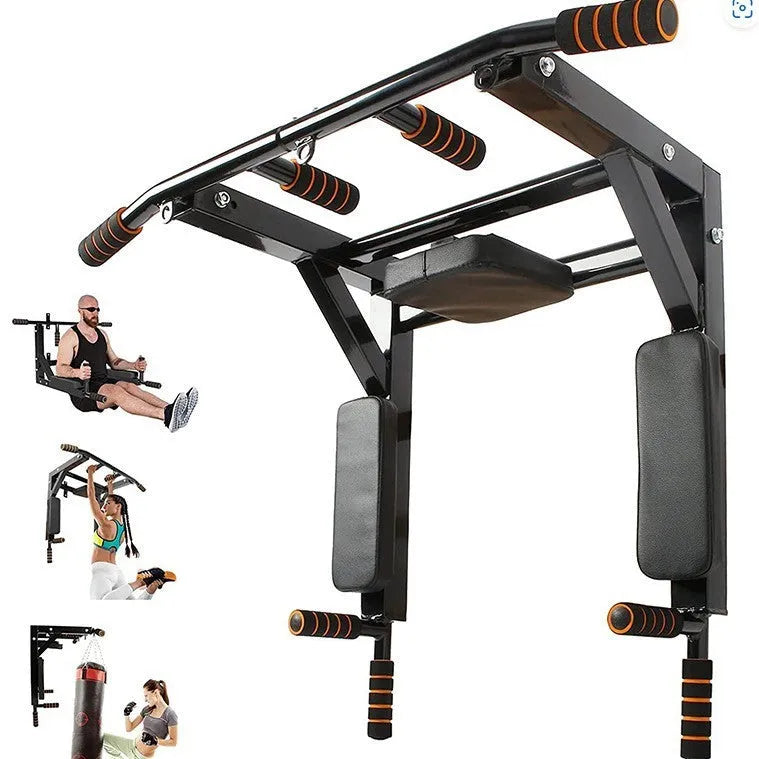 Black wall-mounted steel fitness equipment with parallel bars and a sandbag rack mounting point.