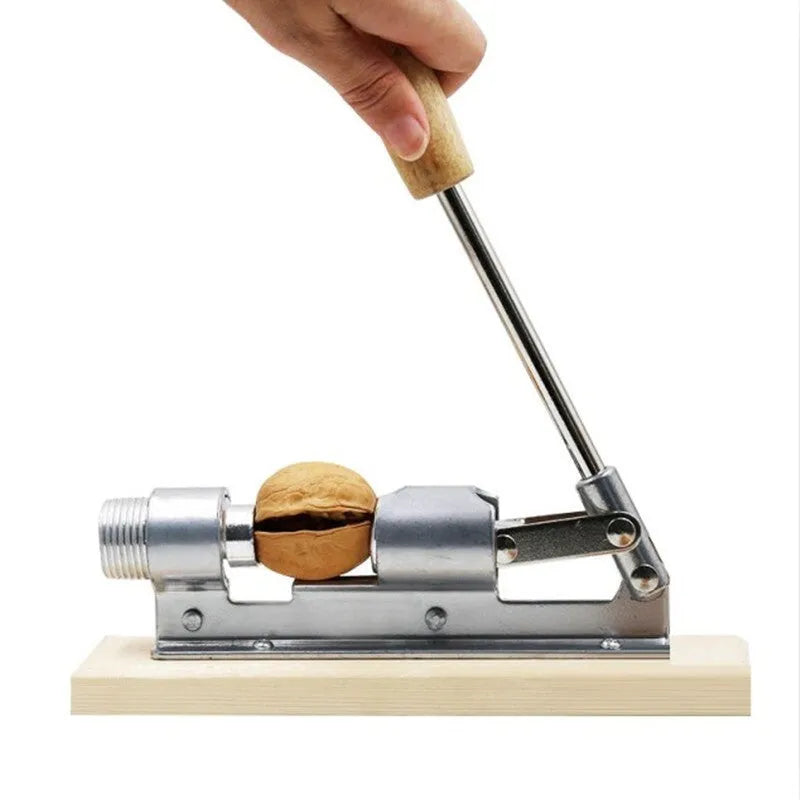 Mechanical walnut cracker with wood board and aluminium parts in irregular style