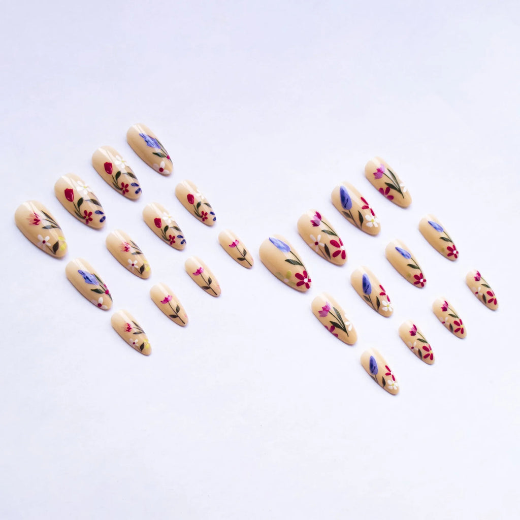 Almond-shaped removable flower nail art set with rose and tulip patterns in solid colour sweet style
