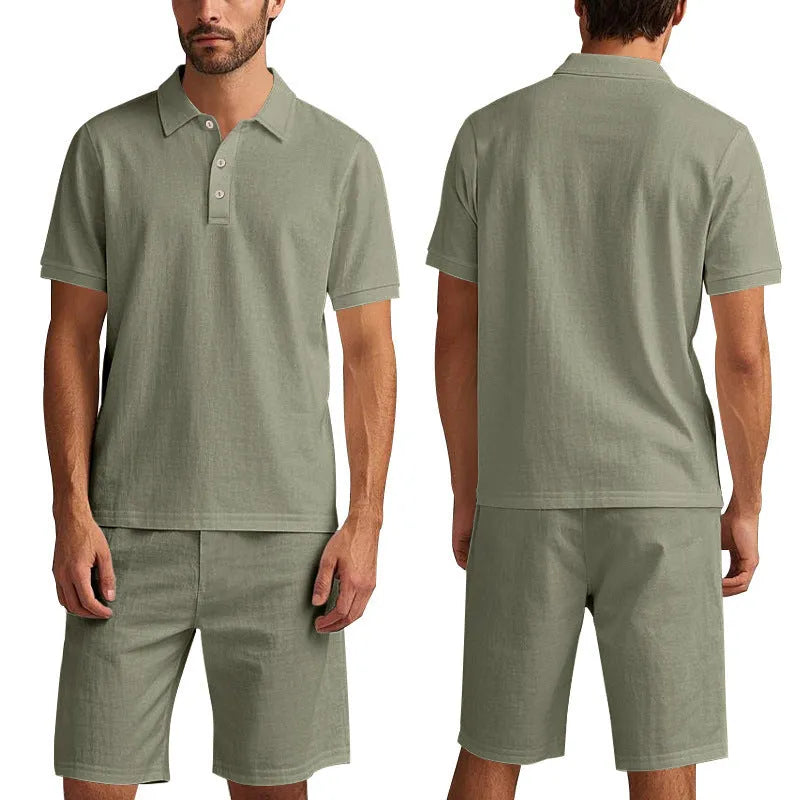 Men's loose linen blend summer suit set in apricot colour, showing short sleeve shirt and matching shorts.
