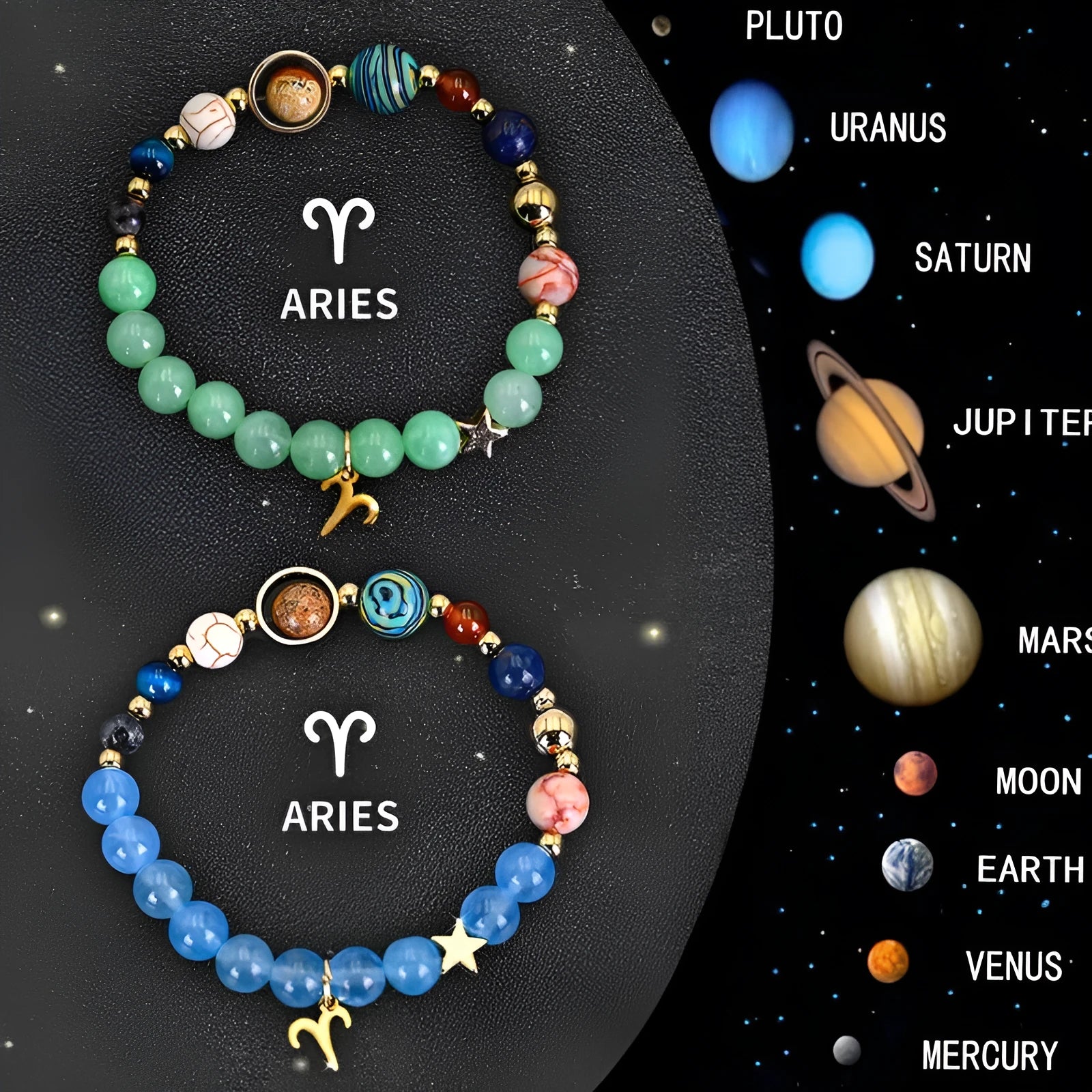 A set of two natural stone beaded bracelets with engraved zodiac sign charms on a textured background.