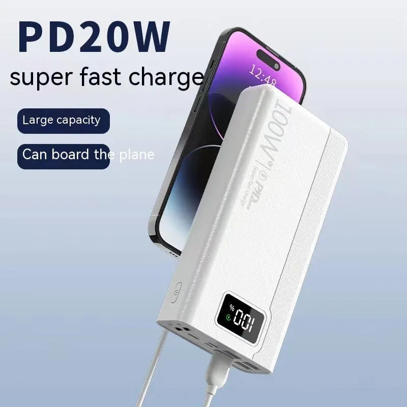 Large capacity power bank in black plastic casing with dimensions 150mm by 76mm