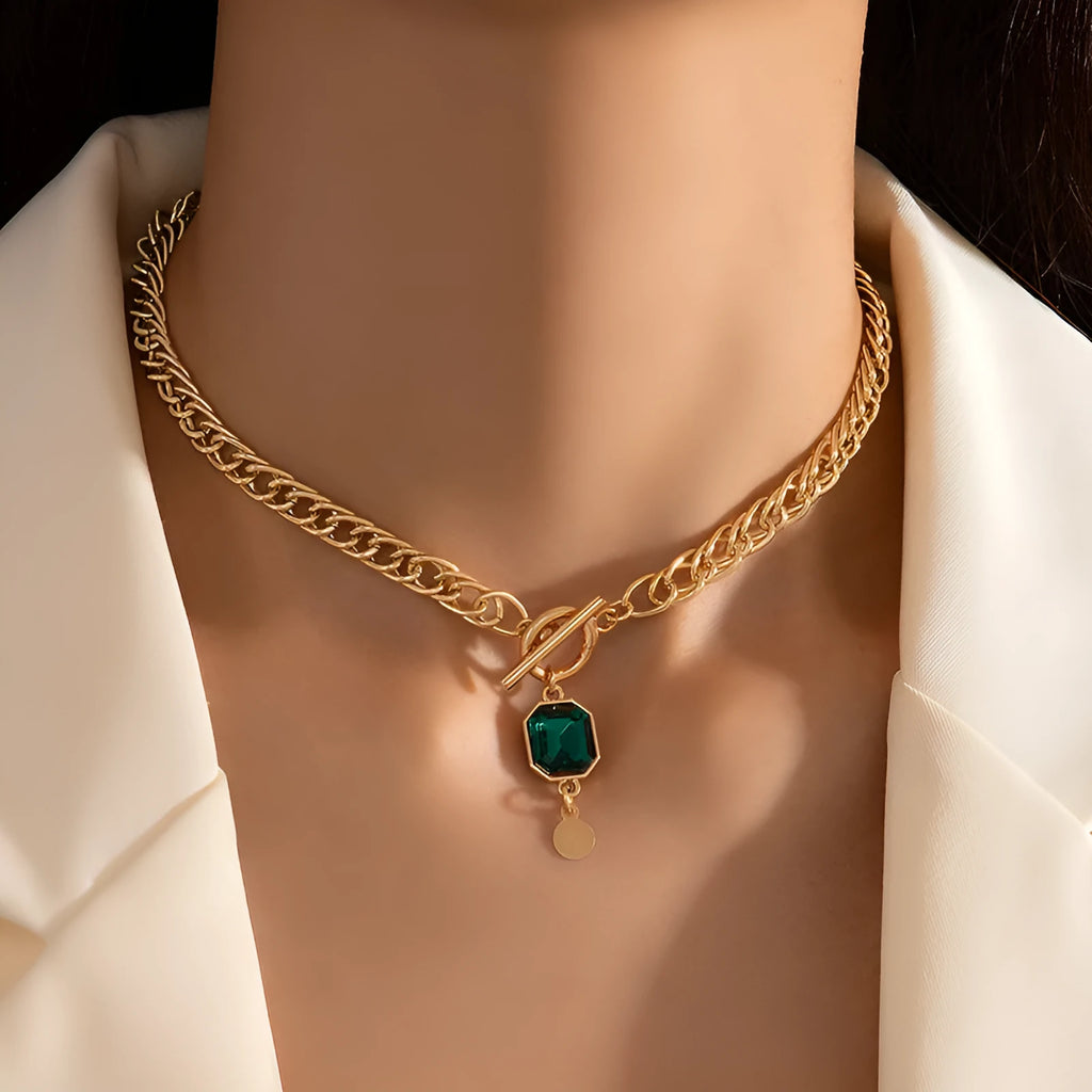 Gold retro geometric pendant necklace with emerald green zircon stone and titanium steel Cuban chain
