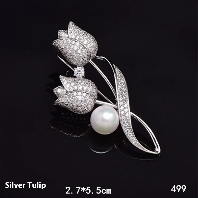 Flower-shaped brooch with micro-inlaid zircon stones in 181 silver tulip colour on alloy base