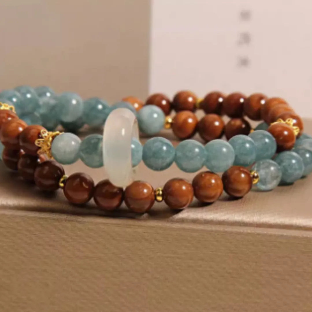 Women's double ring bracelet in cook blue water jade with electroplated finish, natural crystal semi-precious stone, flexible round geometric shape, New Chinese style