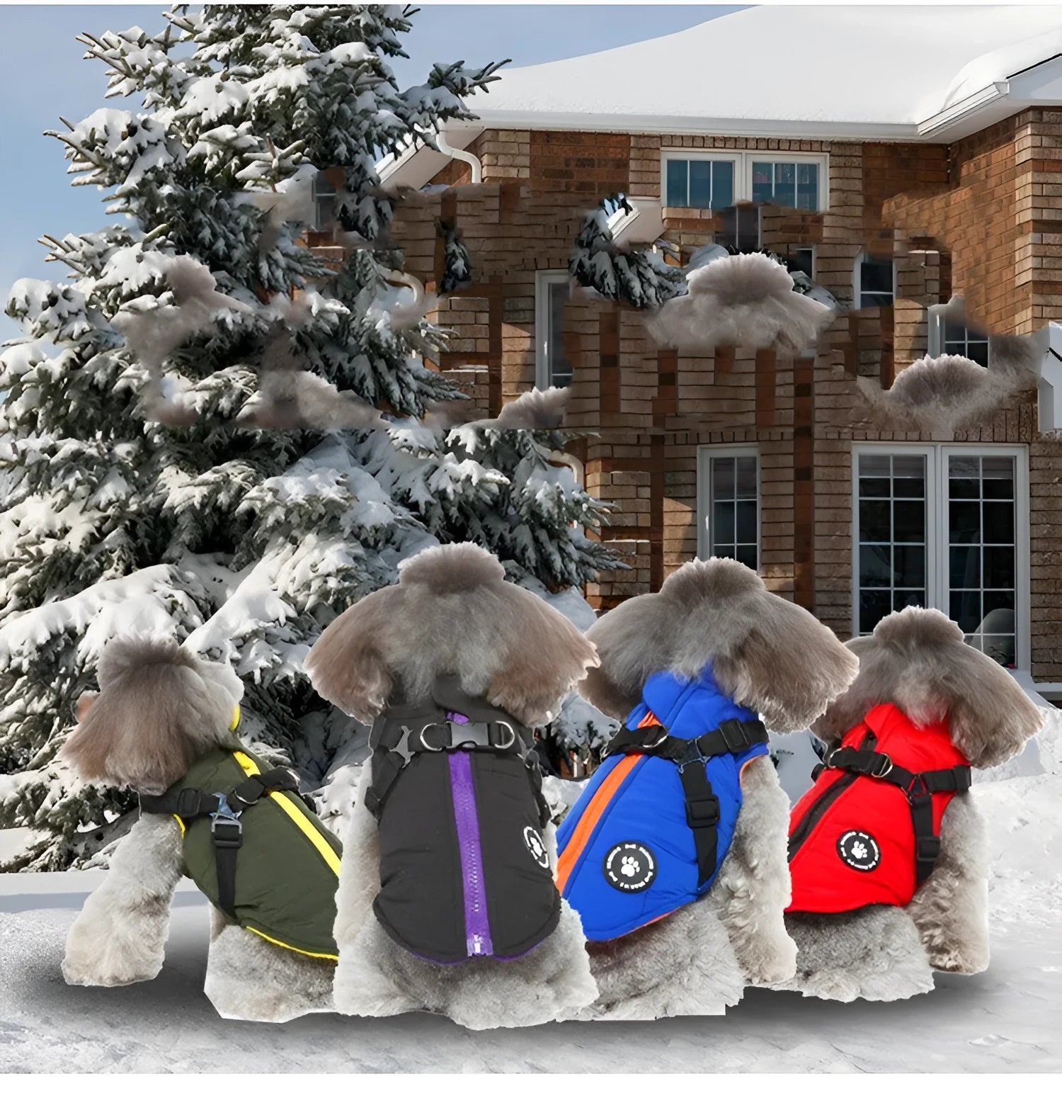 Chest strap padded dog jacket in polyester available in multiple sizes and colours