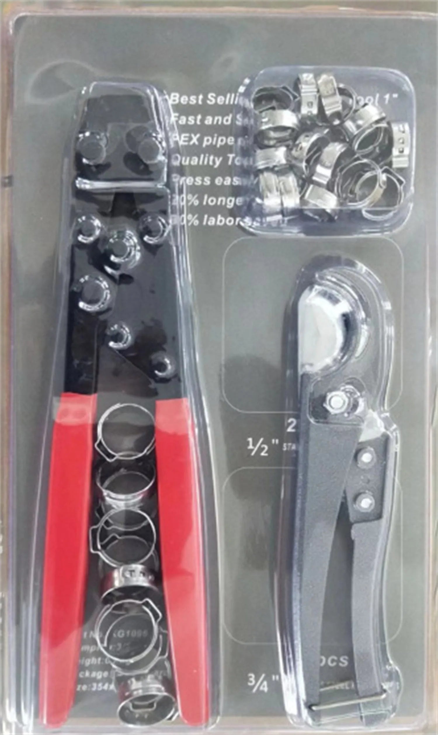 Red cloth-covered single ear PEX clamp with metal body and carbon steel cutting edge.