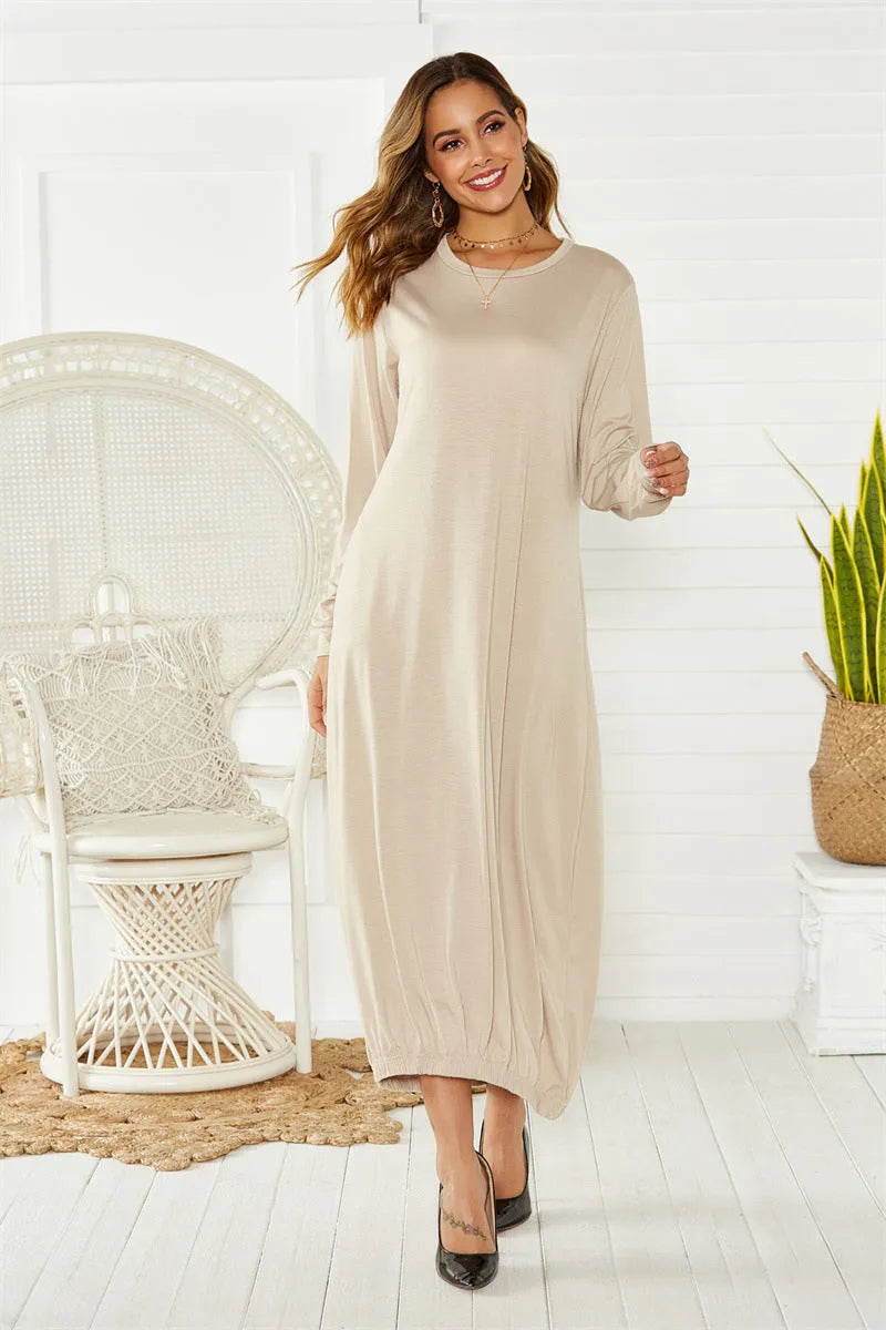 Black loose long lace-up crew neck lantern skirt dress on a hanger