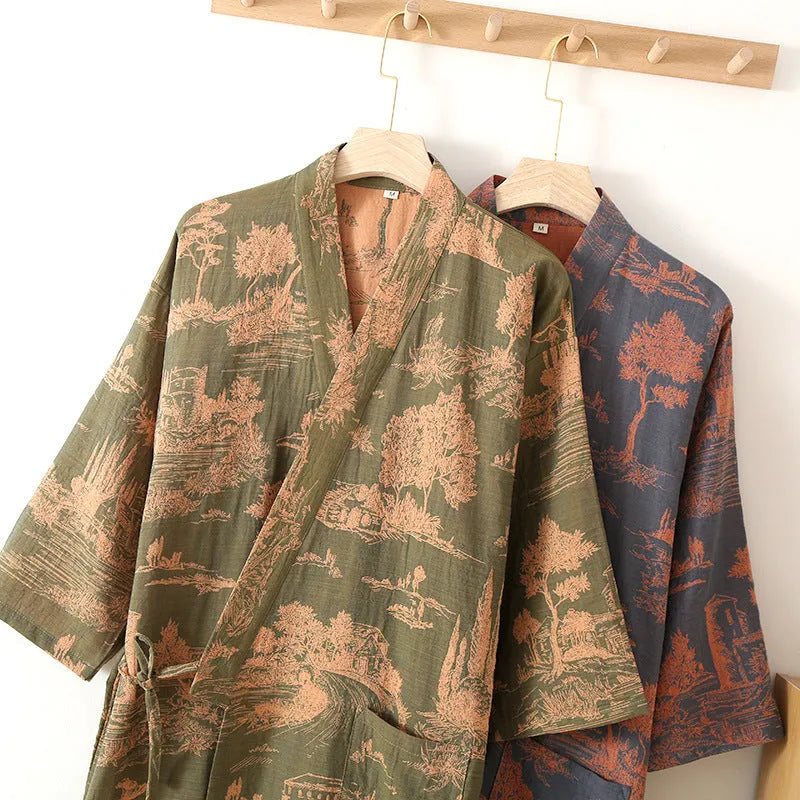 Men's cotton gauze kimono long dress bathrobe in dark blue, 95% cotton, with loose fit