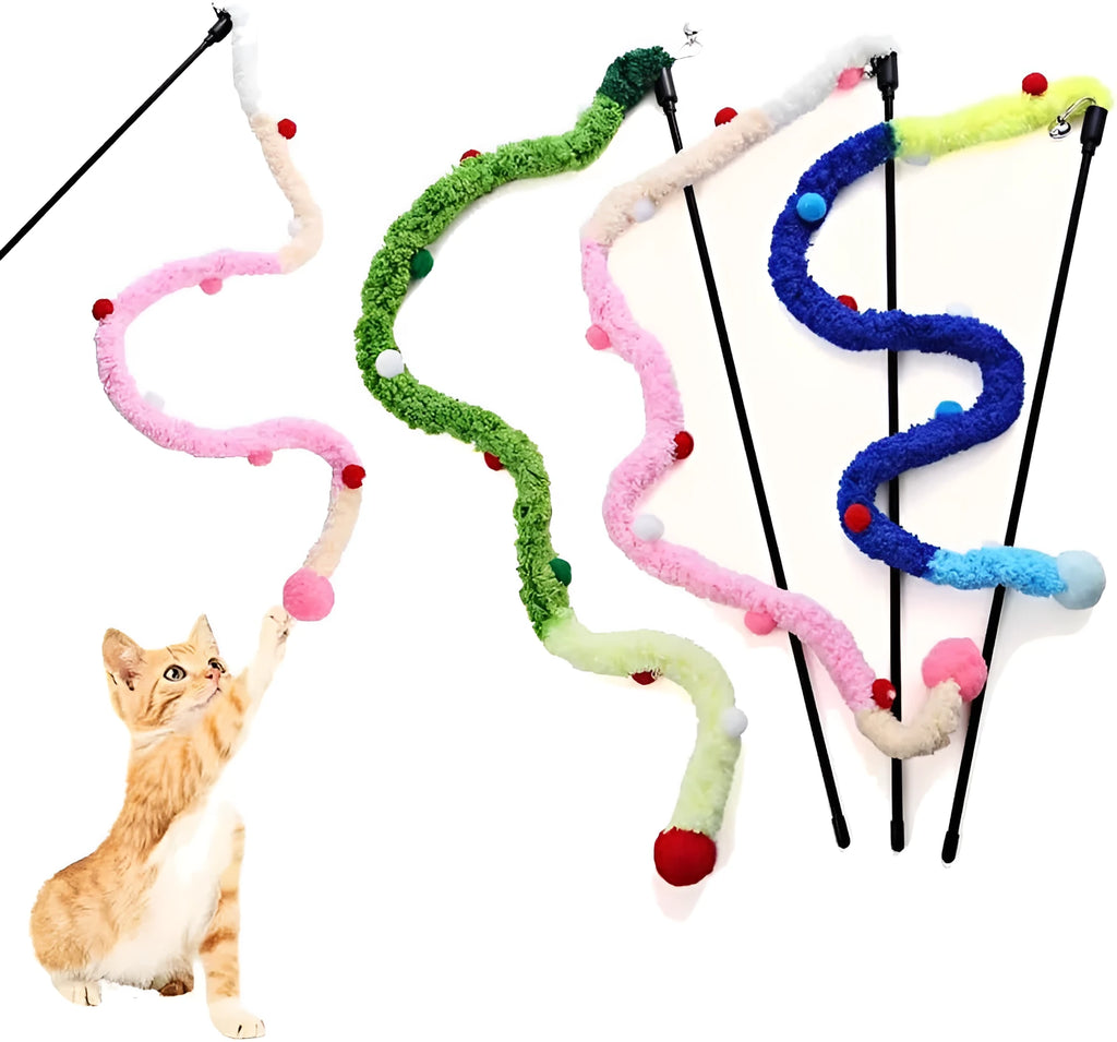 Blue interactive cat wand toy with a long plush strip and fluffy bell ball.