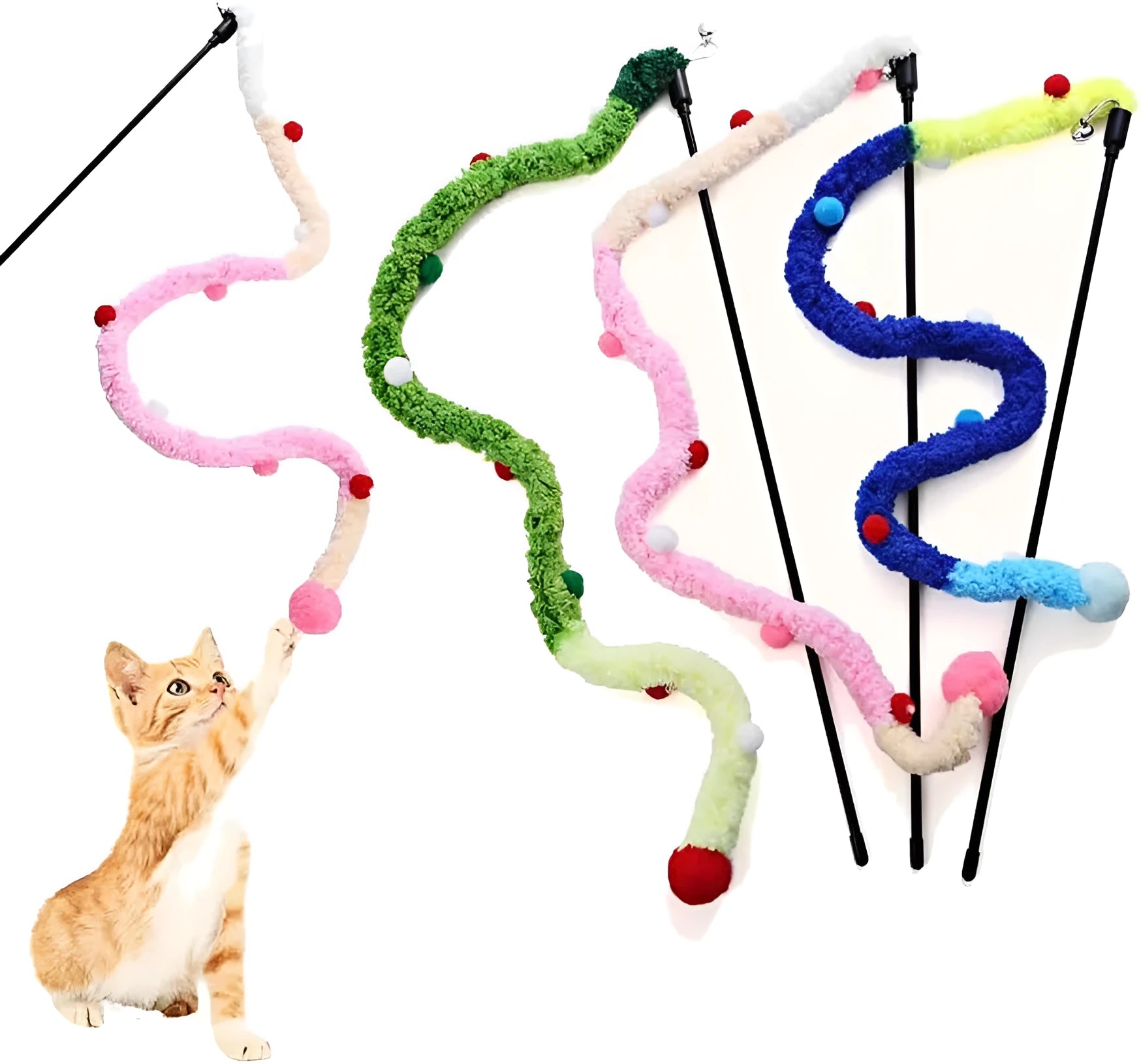 Blue interactive cat wand toy with a long plush strip and fluffy bell ball.