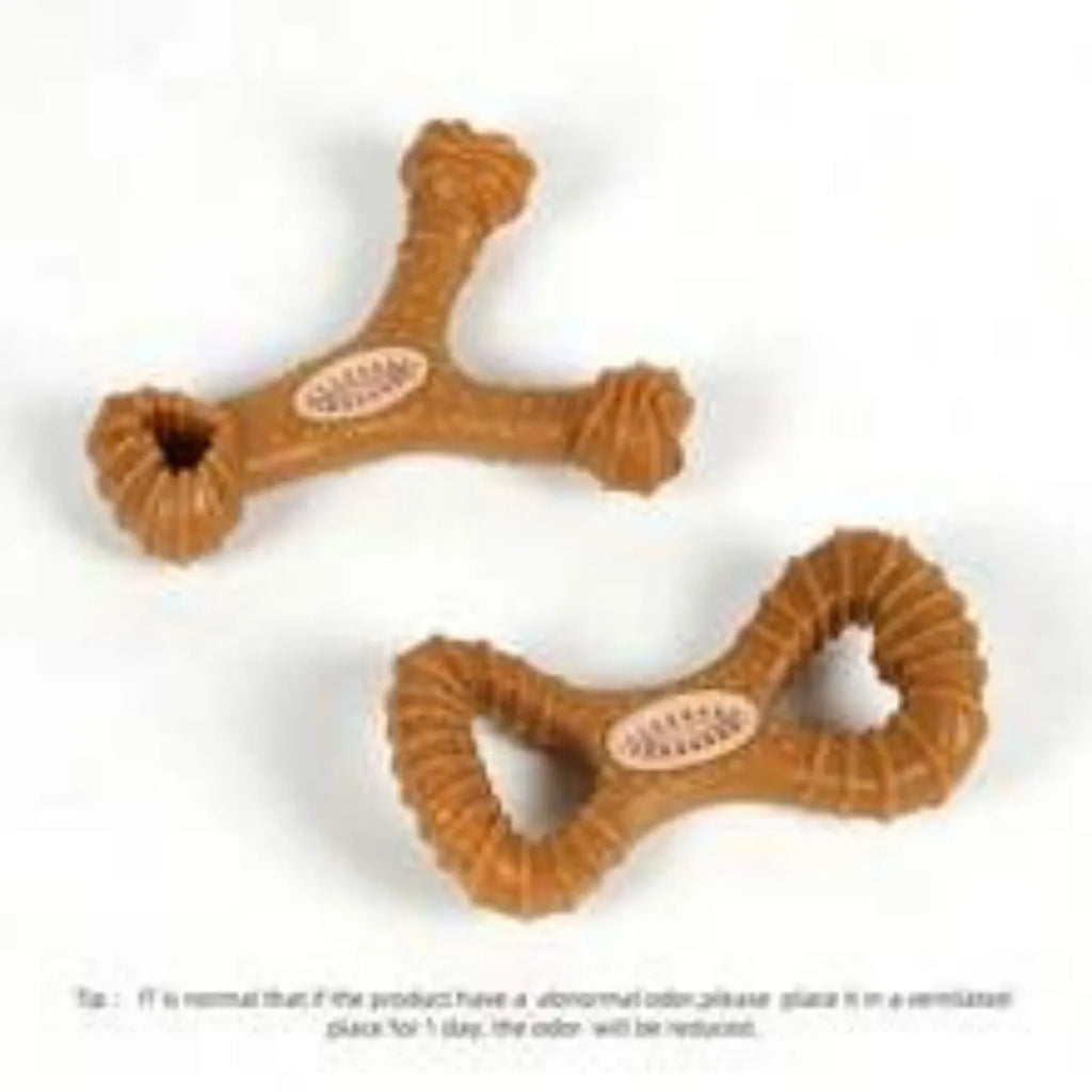 Durable rubber dog chew bone toy in Y-shape and 8-shape designs for teeth cleaning.