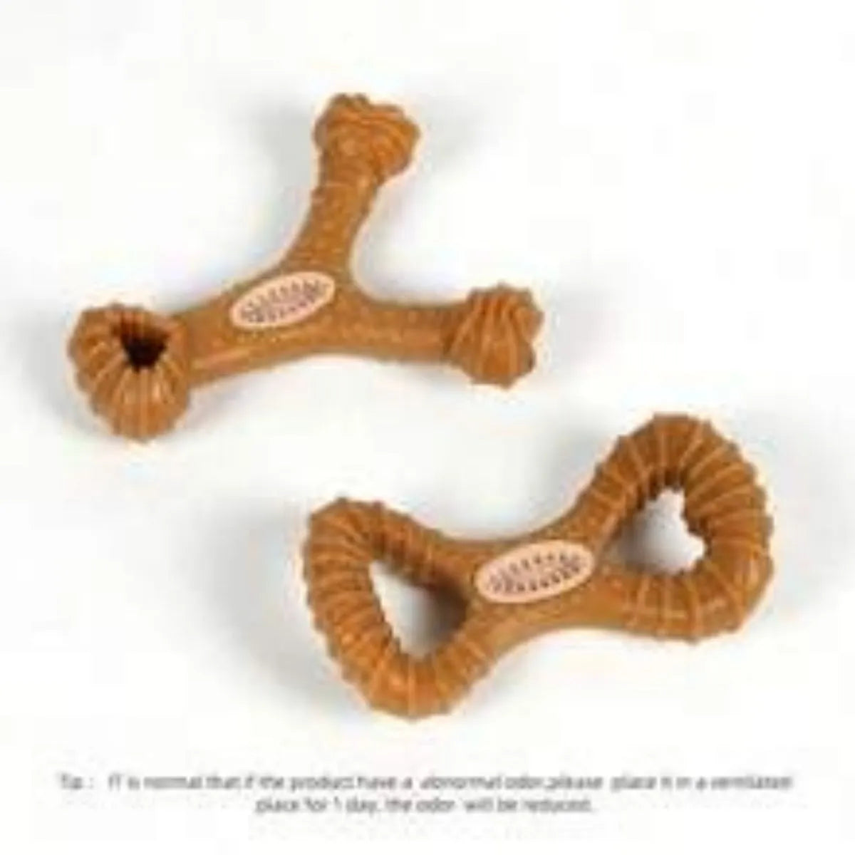 Durable rubber dog chew bone toy in Y-shape and 8-shape designs for teeth cleaning.