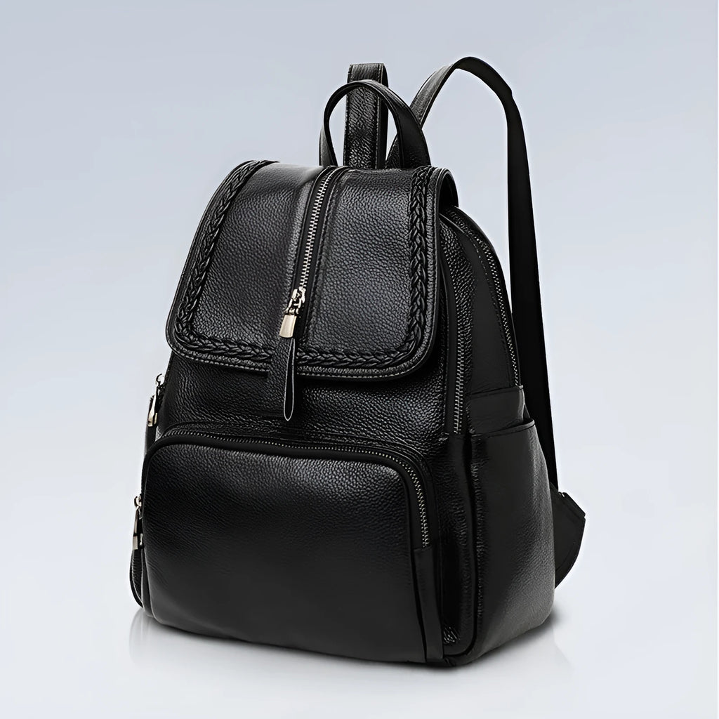 Genuine leather women's backpack in blue with multiple compartments and waterproof function