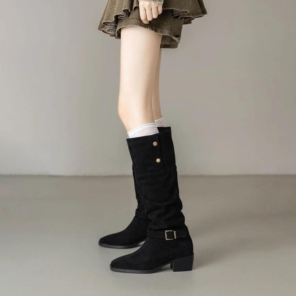Chunky heel wrinkled stacked ankle Martin boots in khaki, showing hollow out detail and square toe on synthetic leather upper