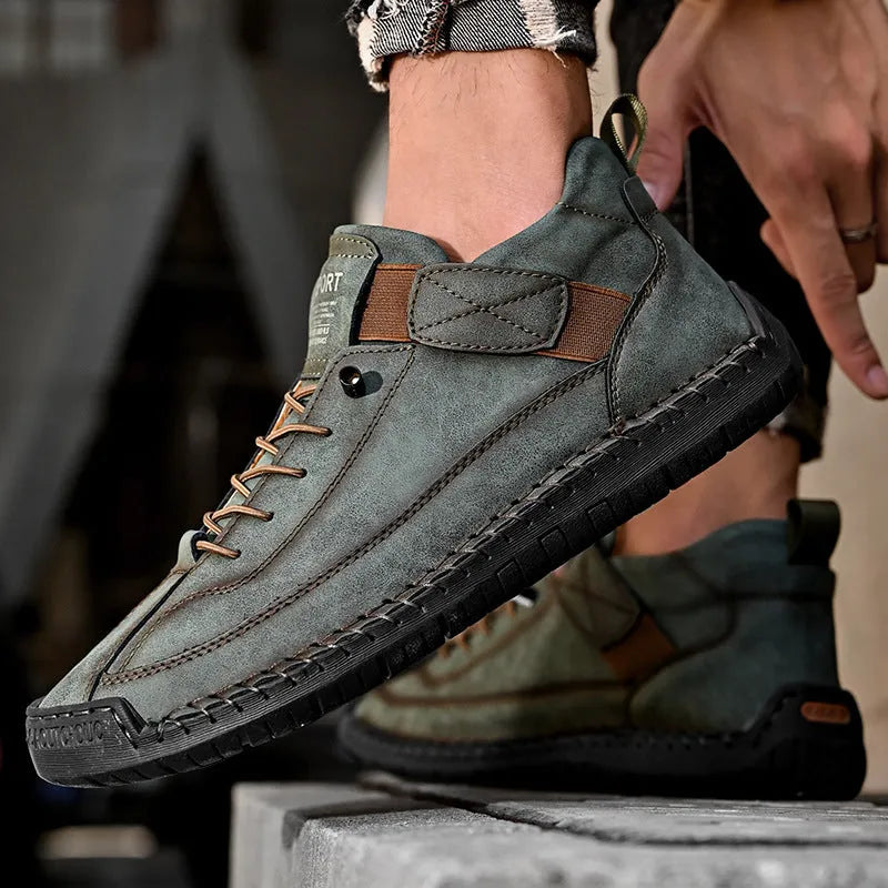 Men's mid-top Martin boots in khaki with tooling stitching and an elastic band ankle