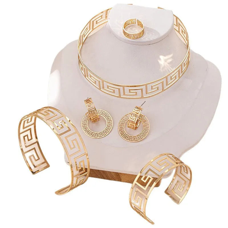 Women's geometric loop alloy electroplated collar earrings ring bracelet jewelry suit set