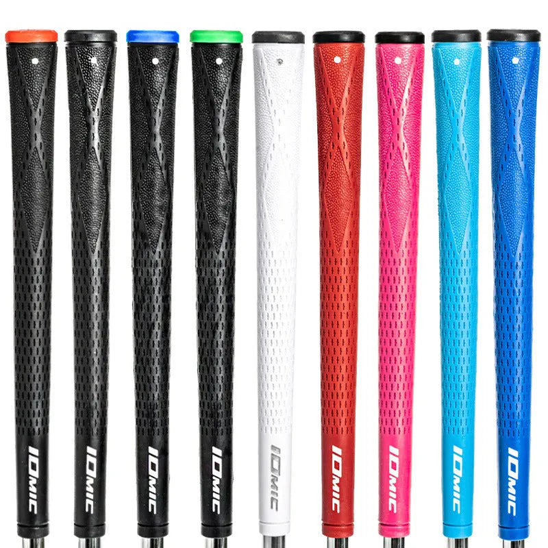 TPE golf club grip in assorted colours including pink, red, blue, white, and black with coloured heads.