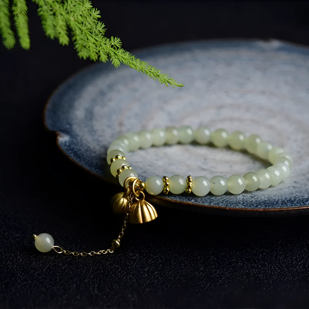 Shihuan natural Hetian Jade bracelet with Fu character and constellation design, 6mm size.