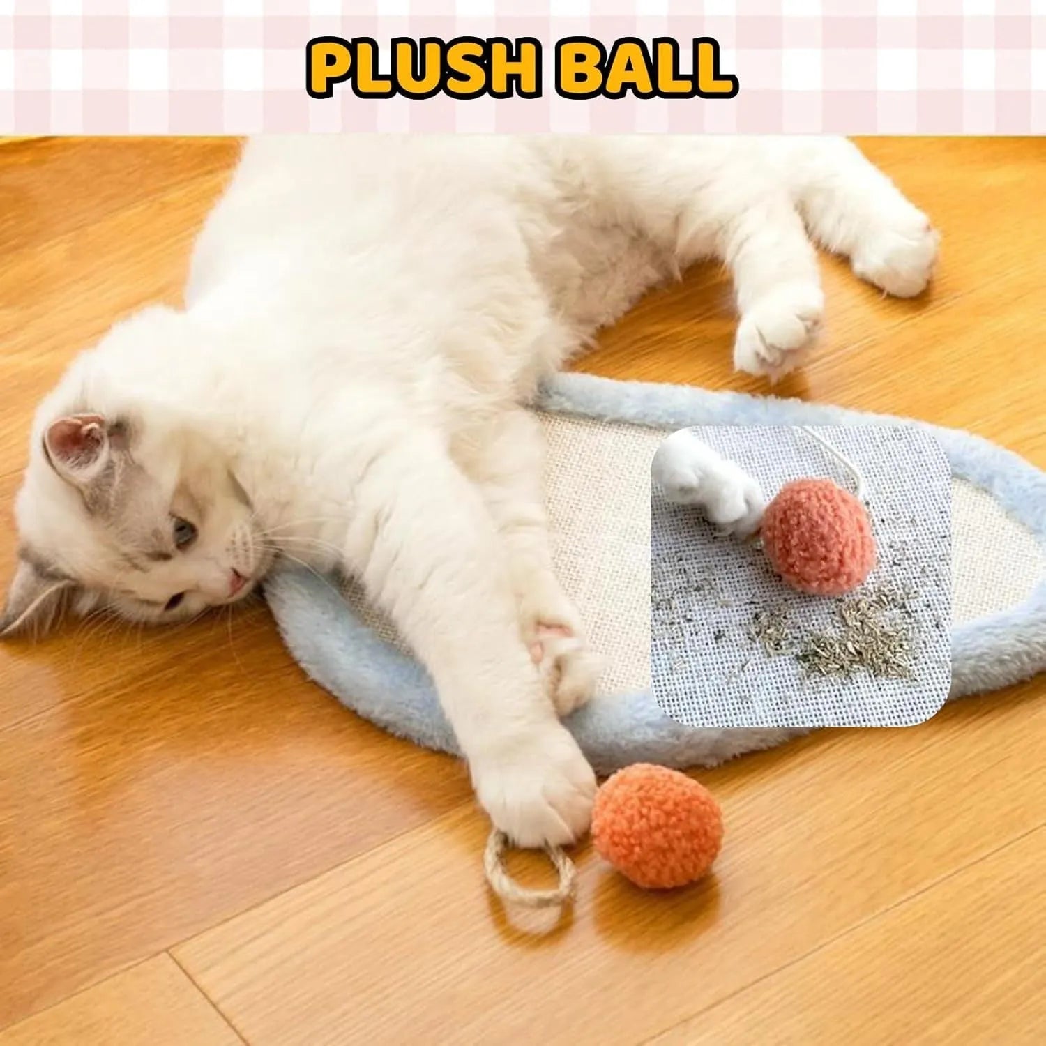 White wall-mounted cat scratching mat with cartoon sleeping cat design made from natural sisal fibre