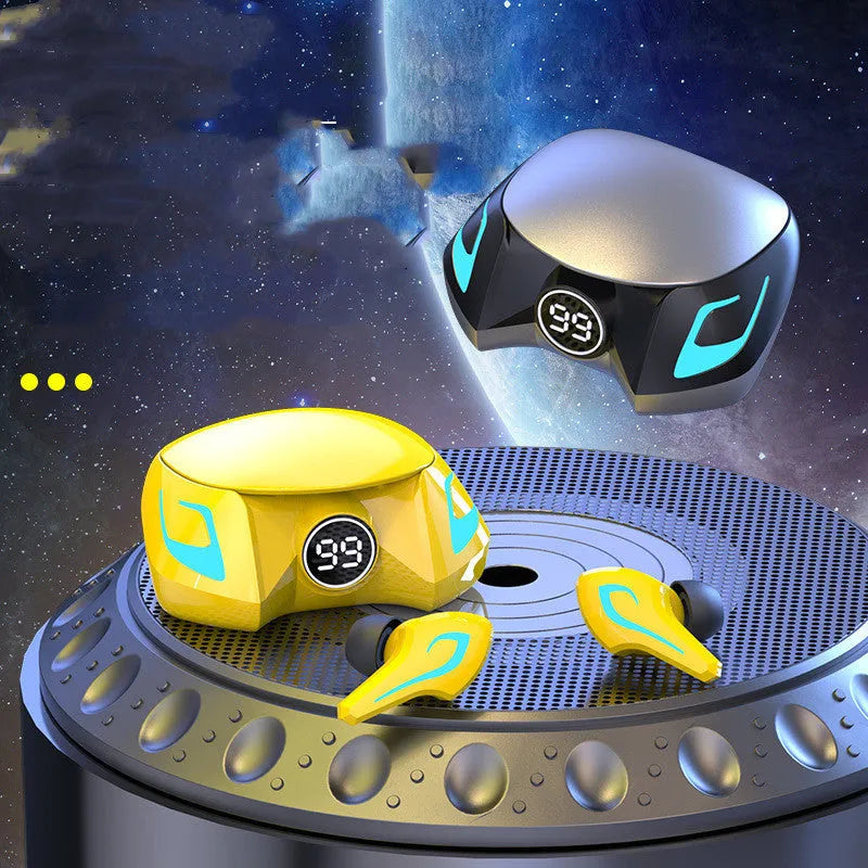 Griffin wireless gaming earbuds in black, dark grey, and yellow colour options with earplug-style fit.