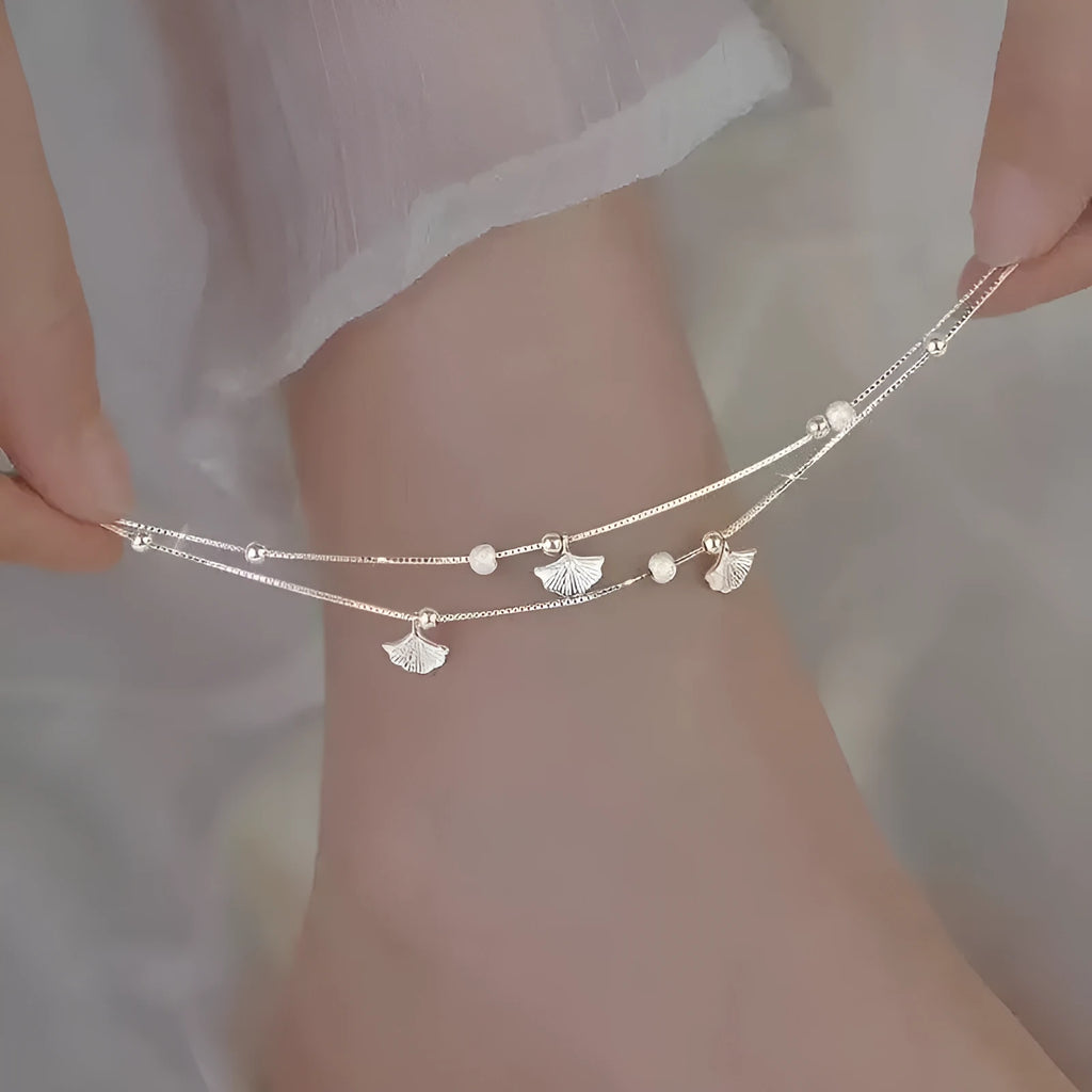 Silver plated ginkgo leaf anklet for women, simple flower shape on white copper base