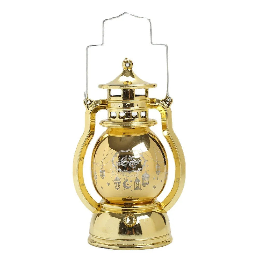 Eid Mubarak laser carved LED lantern in gold or silver, 12.5cm tall, with A1 or A2 Middle East pattern
