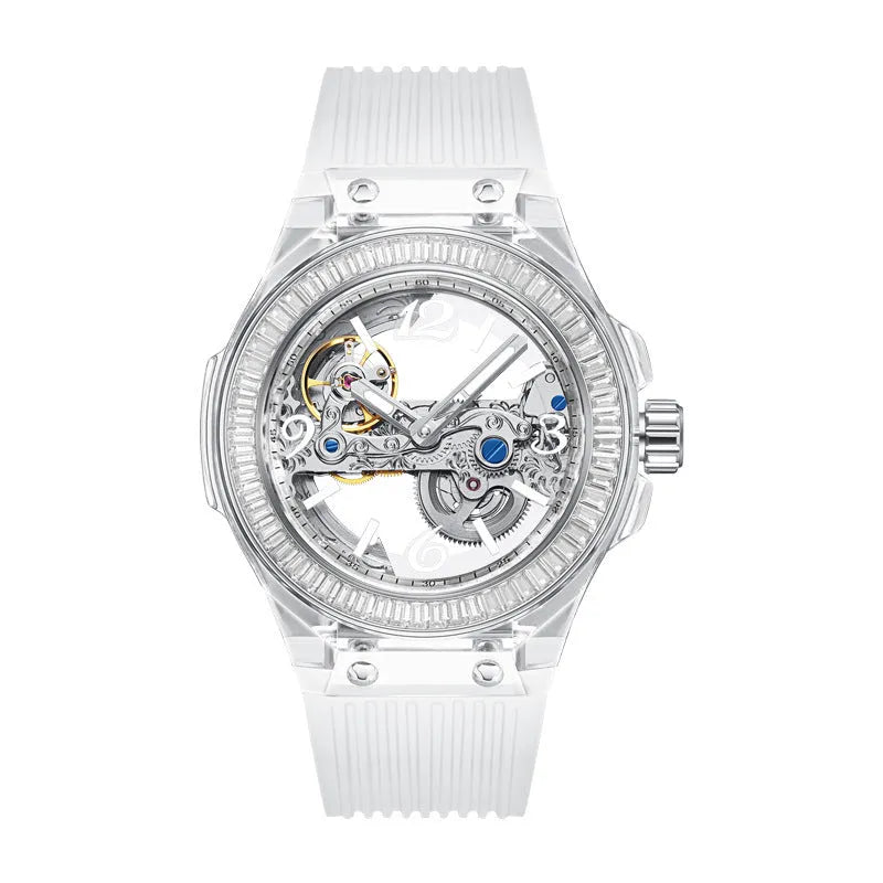 Full-automatic hollow large dial mechanical watch with transparent surface and white strap